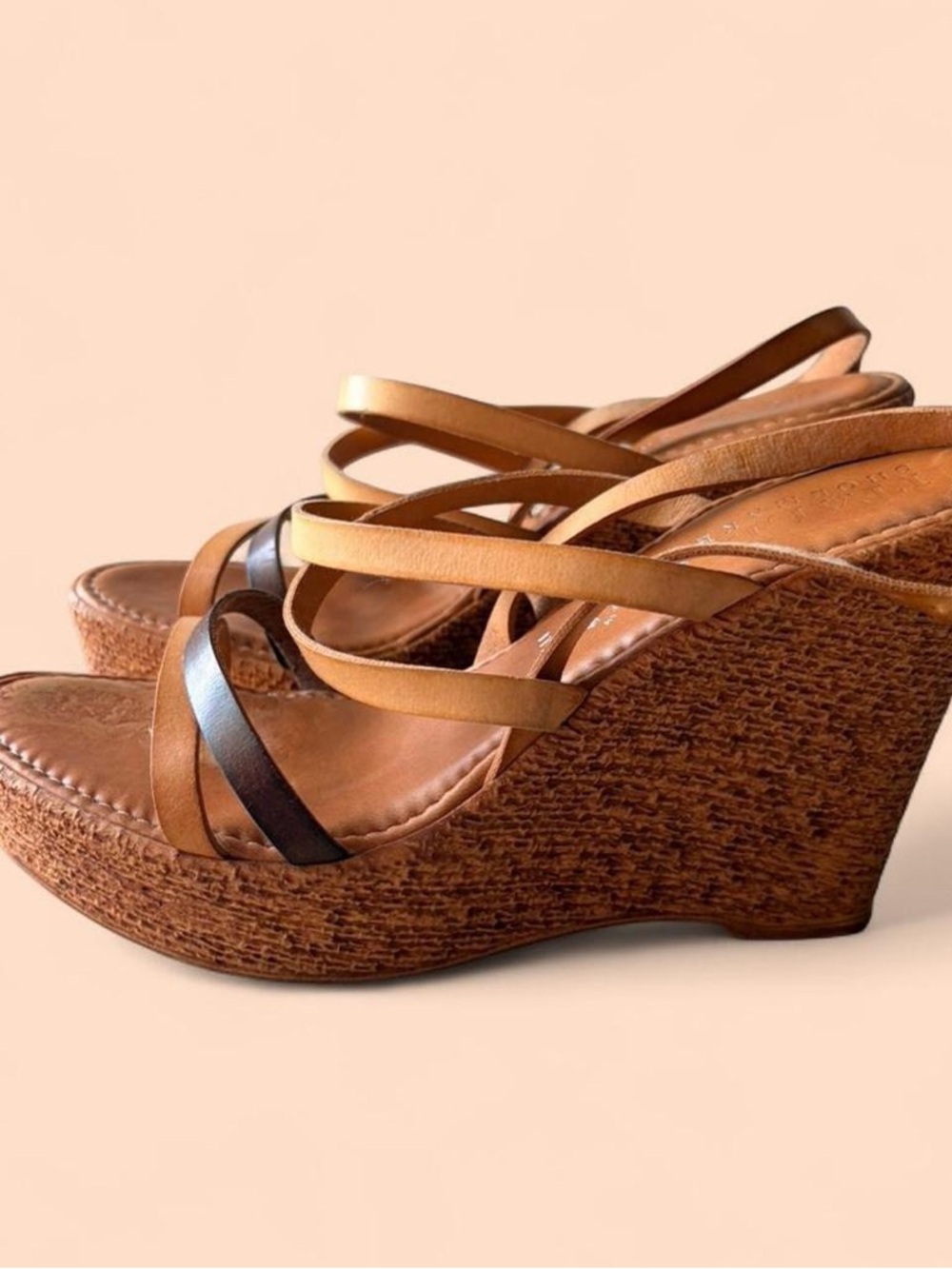 Italian Shoemakers Tan and Brown Strappy Wedge Heels